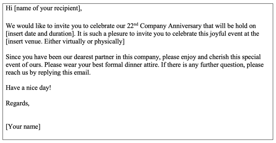 Company anniversary email invitation